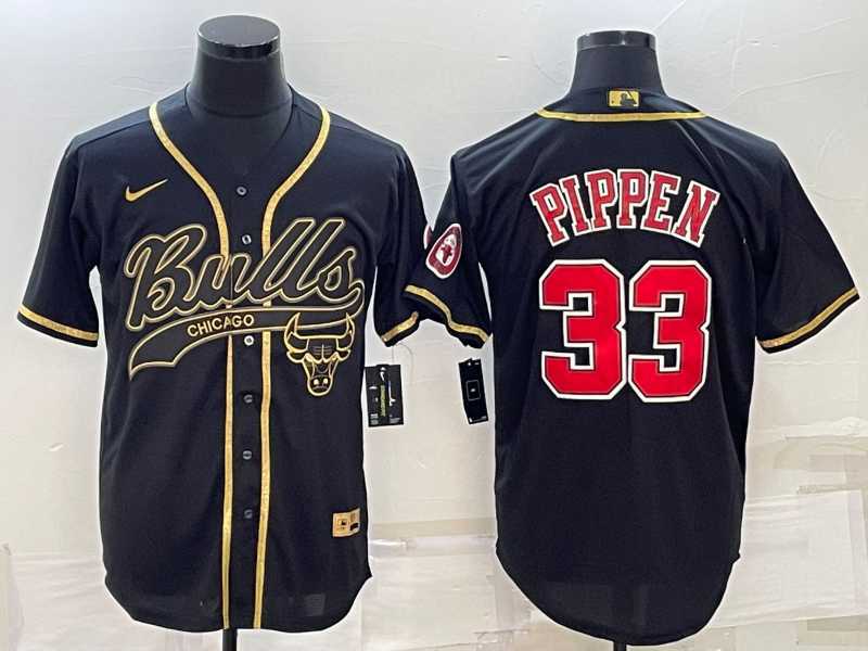 Men%27s Chicago Bulls #33 Scottie Pippen Black Gold With Patch Cool Base Stitched Baseball Jersey